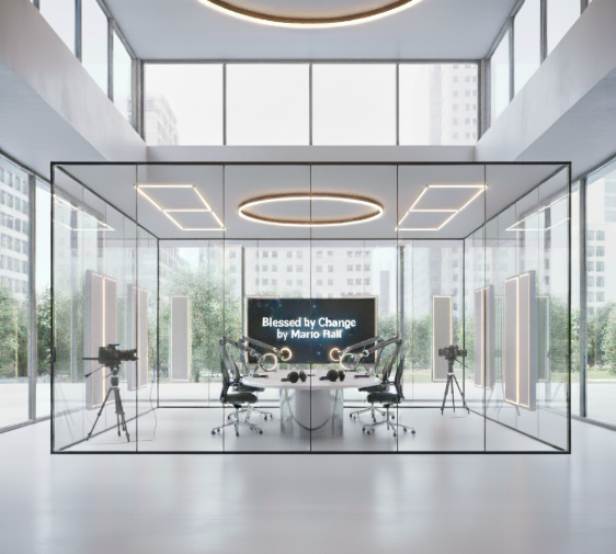 Ultra-modern all-glass podcast studio for the Blessed by Change podcast
